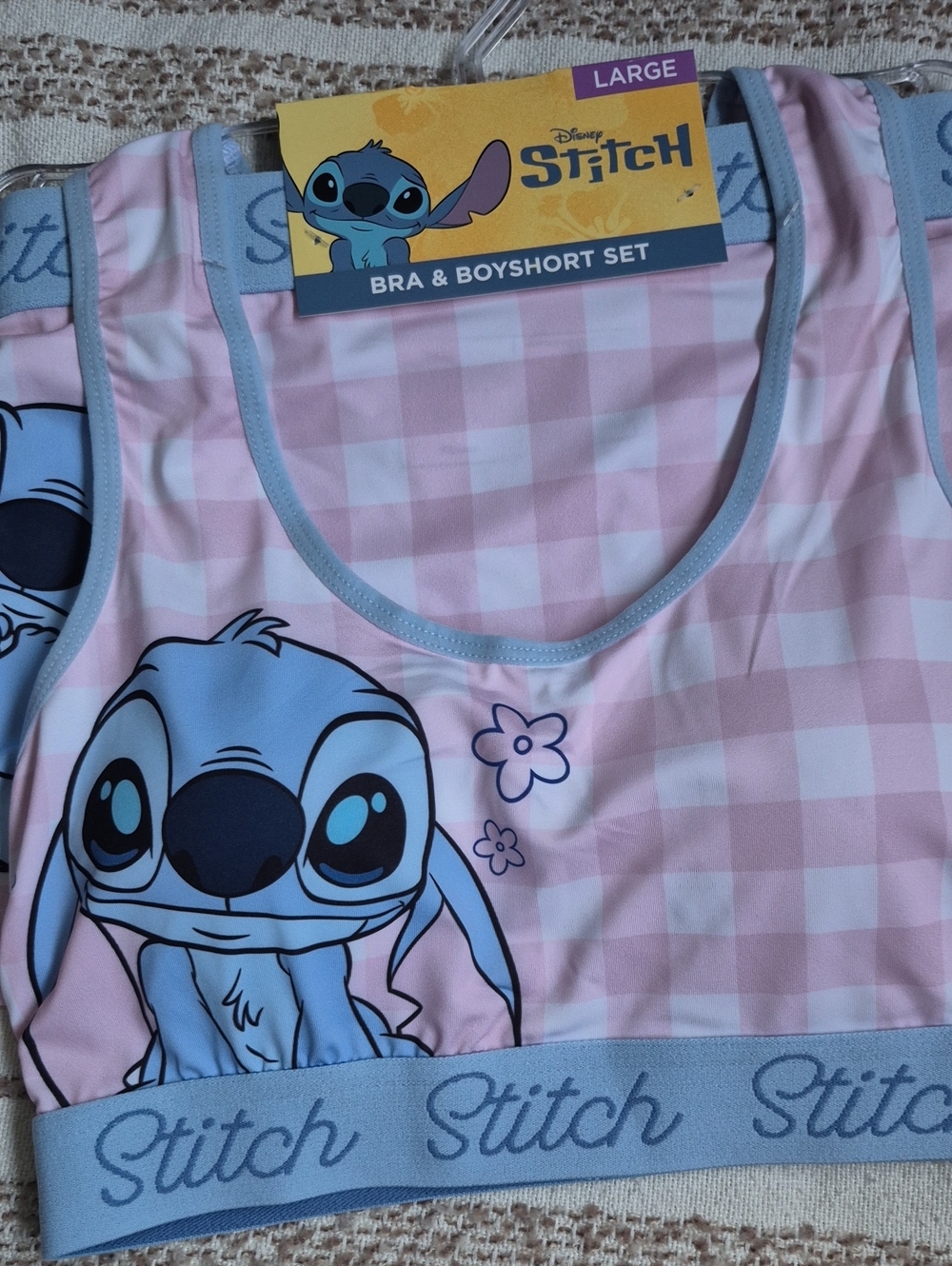 Disney Stitch Pink Gingham Bra & Boyshort Set with Blue Trim - Picture 2 of 4